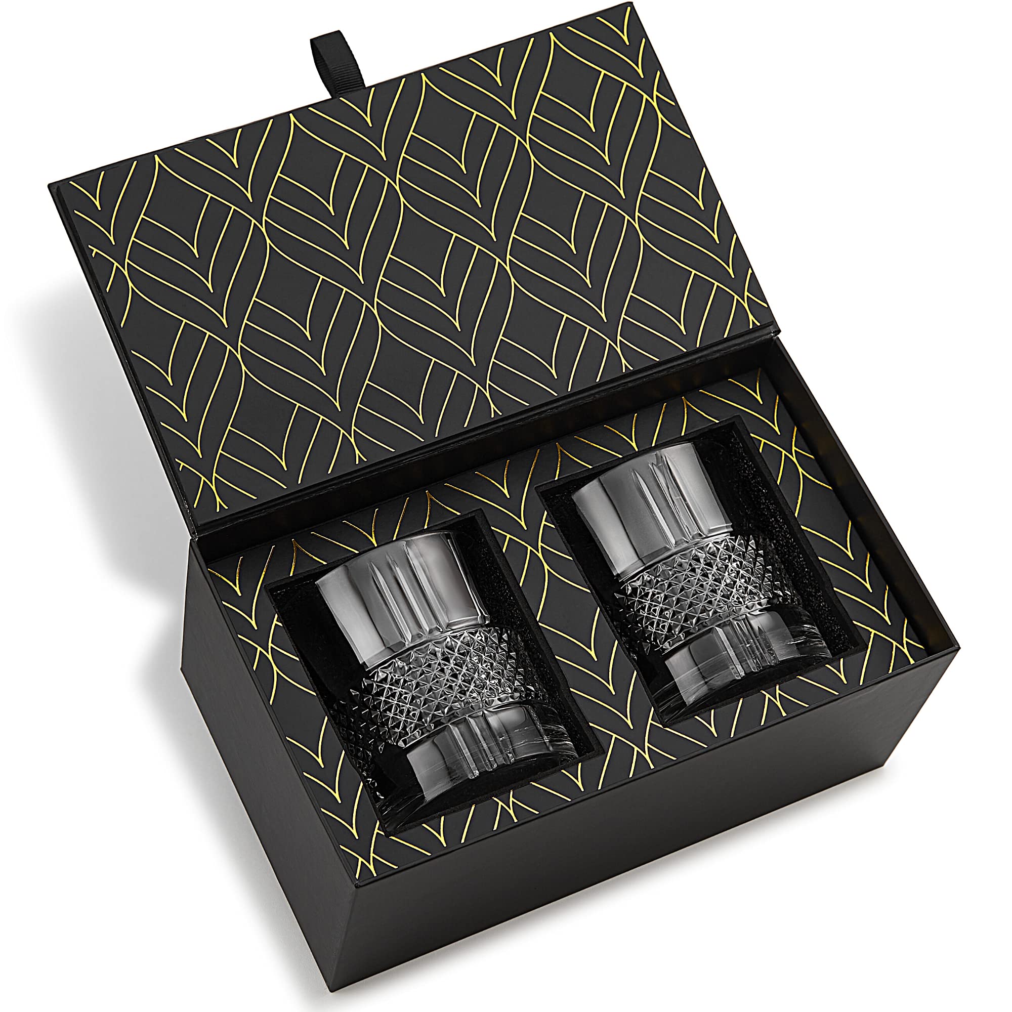 Crystal Whiskey Glasses - Set of 2 Reserve Glass Tumblers (340 ml) for Scotch, Bourbon, Old Fashioned Cocktails & Drinks - Elegant Gold Foil Gift Box