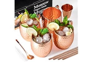 Moscow Mule Copper Mugs-Set of 4 100% Handcrafted Solid 16oz Copper Mugs with 4 Copper Straws,1 Stirring Spoon,1 Copper Shot 