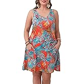 HBEYYTO Women Plus Size Sundress with Pockets V Neck Sleeveless Loose Fit Tank Dress Floral Print Beach Cover up 1X-5X