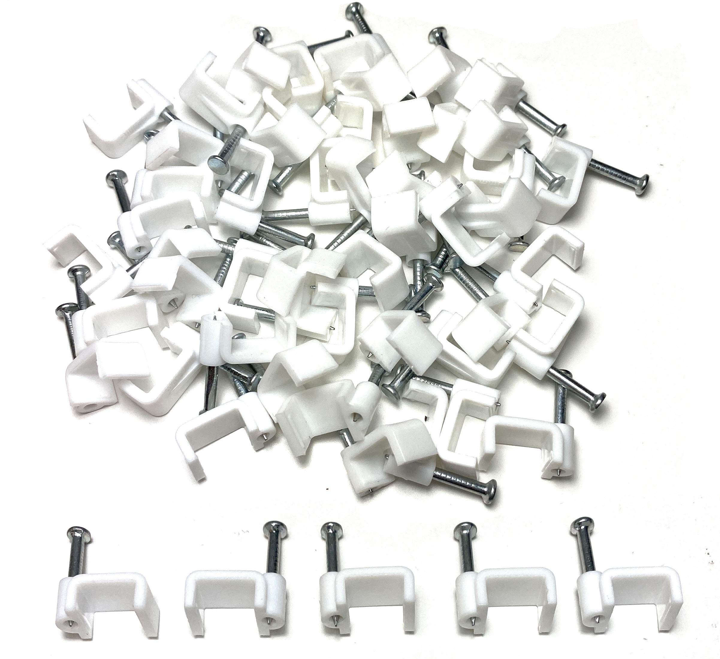 White Plastic Flat Electrical Wire Cable Clips TV Phone Internet Lead Fixings 14mm- 50 Pieces