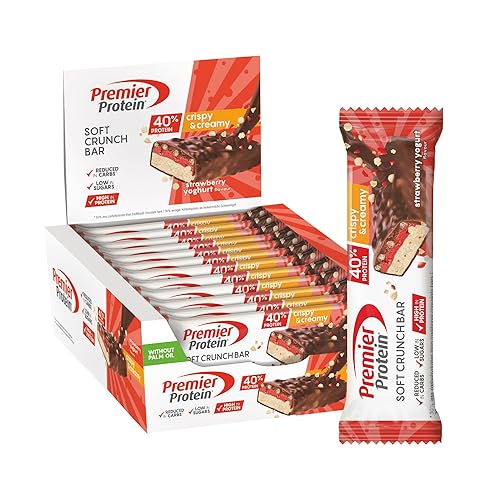 Premier Protein Soft Crunch Bar 40% Protein Strawberry Yogurt 12x40g - High Protein Low Sugar + Low Carbohydrate + Palm Oil Free