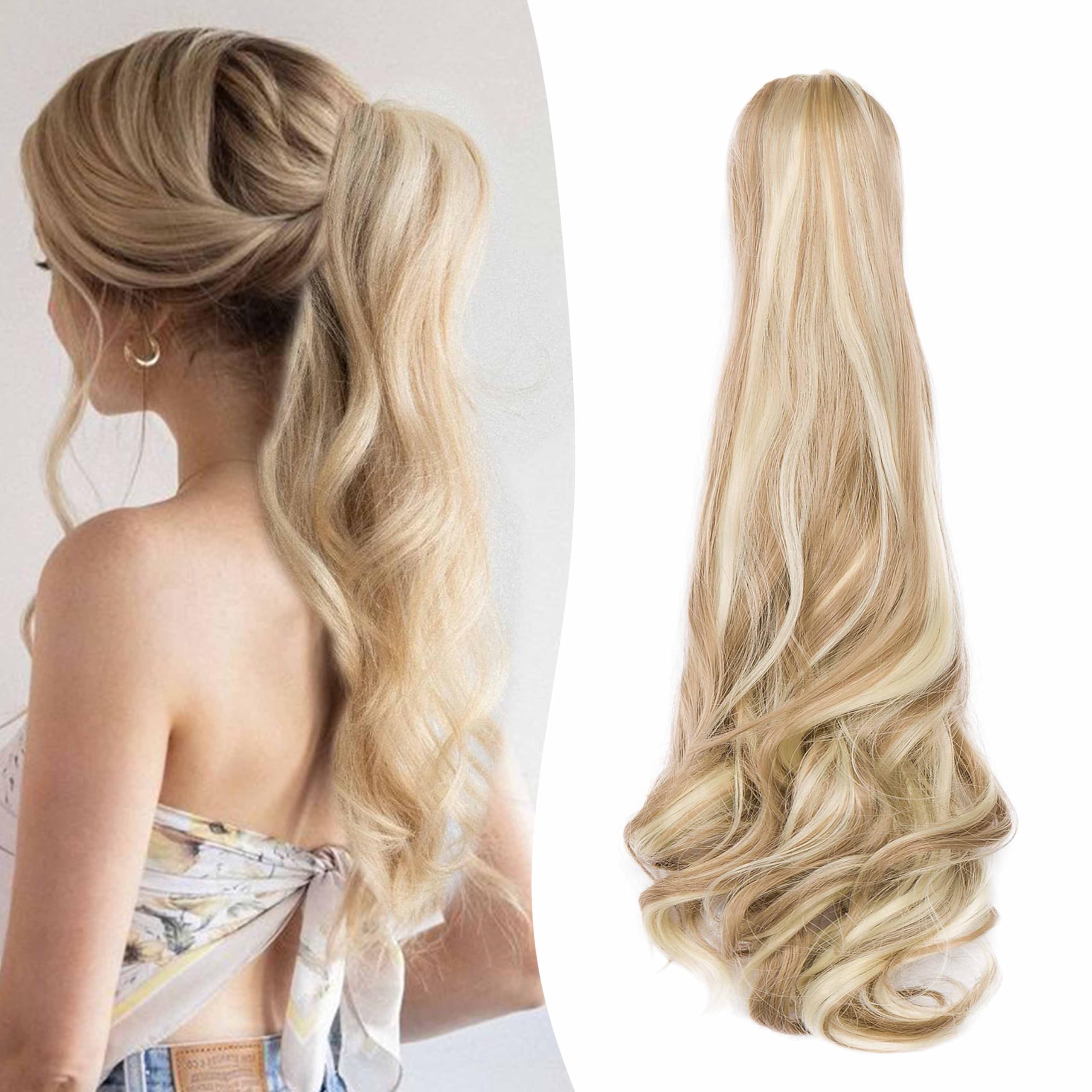 Gairyan 20inch Ponytail Extension Clip in Ponytail Hair Extensions Curly Wavy Pony Tails Claw on Ponytail Long Wave Synthetic Hairpieces for Women Soft Real Look (Sandy Blonde & Bleach Blonde)