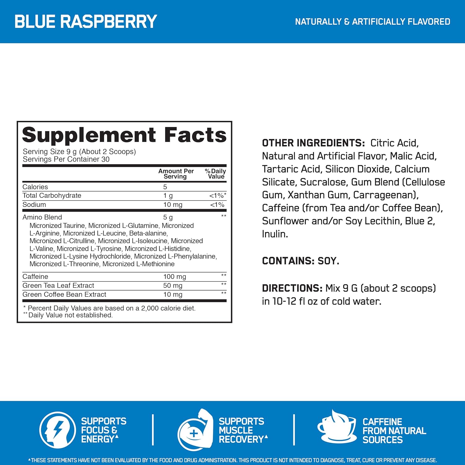 Optimum Nutrition Amino Energy - Pre Workout with Green Tea, BCAA, Amino Acids, Keto Friendly, Green Coffee Extract, Energy Powder - Blue Raspberry, 30 Servings: Health & Personal Care