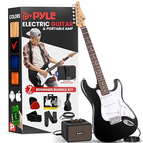Pyle Full Size Electric Guitar Kit 97cm, 22 Fret Beginner Guitars Bundle 5W Amp, With Gig Bag, Picks, Spare Strings, Strap, and ST-Style Paulownia Body, Right Hand, Black