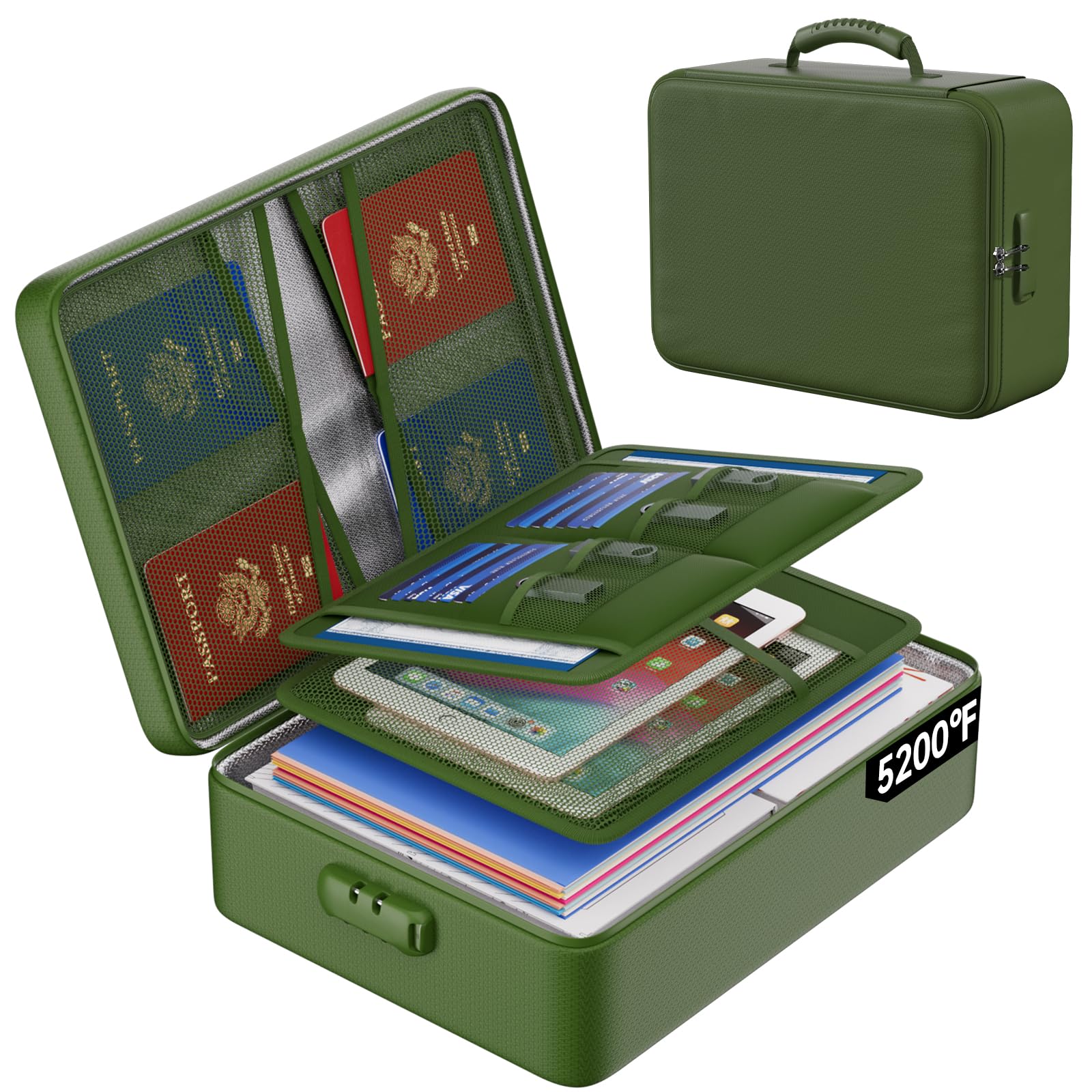 ENGPOW 5200°F Fireproof Document Bag with Lock, Upgraded Heat Insulated Fireproof&Waterproof Box 8 Layers Document Organizer, Portable Home Travel Safe Storage Box for Important Files, Laptop,Green Image ENGPOW 5200°F Fireproof Document Bag with Lock, Upgraded Heat Insulated Fireproof&Waterproof Box 8 Layers Document Organizer, Portable Home Travel Safe Storage Box for Important Files, Laptop,Green Image