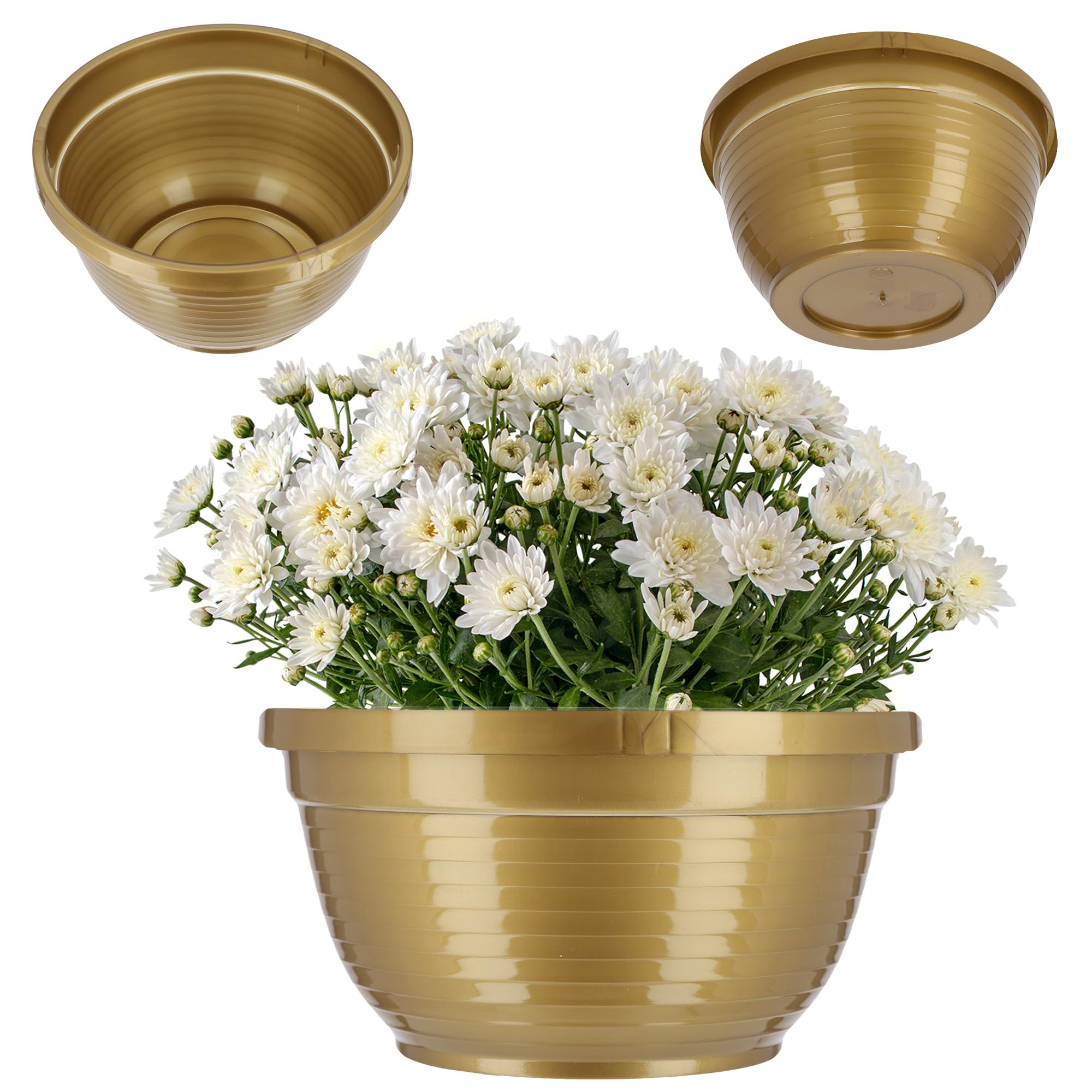 KADAX Flower Bowl, Weatherproof Plastic Plant Pot, Outdoor Planter in Several Colours, Round Plant Bowl for Cemetery, Wide Flower Pot in Various Sizes (⌀26cm, Gold)