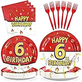 Grencian 96Pcs Happy 6th Birthday Party Supplies Cartoon Anime Themed Paper Plates and Napkins Tableware Sets Red and White Decoration for 6 Year Old Birthday Kids Children Party Serves 24