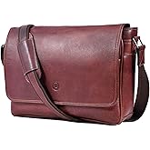 16" Crossbody Bag Leather Laptop Messenger Bag For Men with trolley sleeve for school office (Dark Brown)