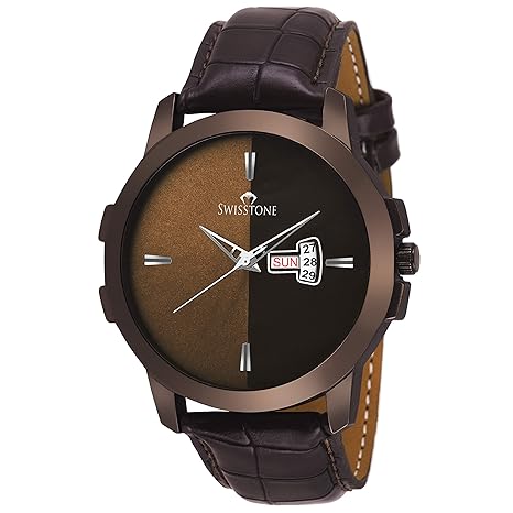 Swisstone BRW385-BRWN Brown Leather Strap Wrist Watch for Men