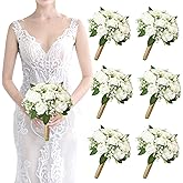 Artificial Bridesmaid Bouquets Set of 6 for Wedding - 7 inch White Flowers Bouquets for Bridesmaids, Faux Rose Gypsophila Rustic Small Floral Bouquet Fake Boho Wedding Party Ceremony Anniversary Decor