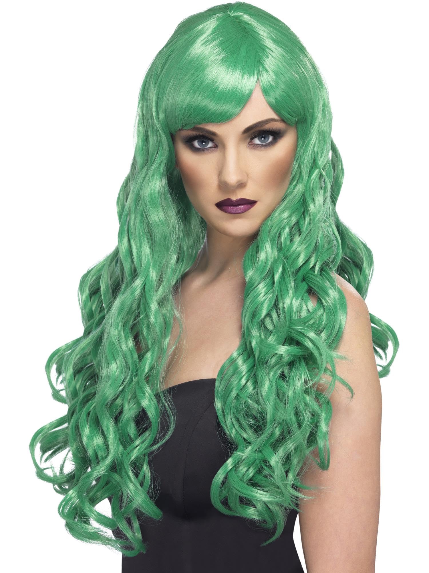 Smiffys Desire Wig, Green Long, Curly with Fringe, Ladies Glamour Wigs Fancy Dress, Adult Dress Up Wigs Halloween