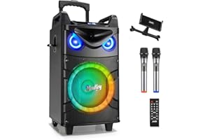 Moukey Karaoke Machine, 12" Woofer PA System, Portable Bluetooth Speaker with 2 Wireless Microphones, Party Lights and Echo/Treble/Bass Adjustment, Supports TWS/REC/AUX IN/MP3/USB/TF/FM - MTs12-1