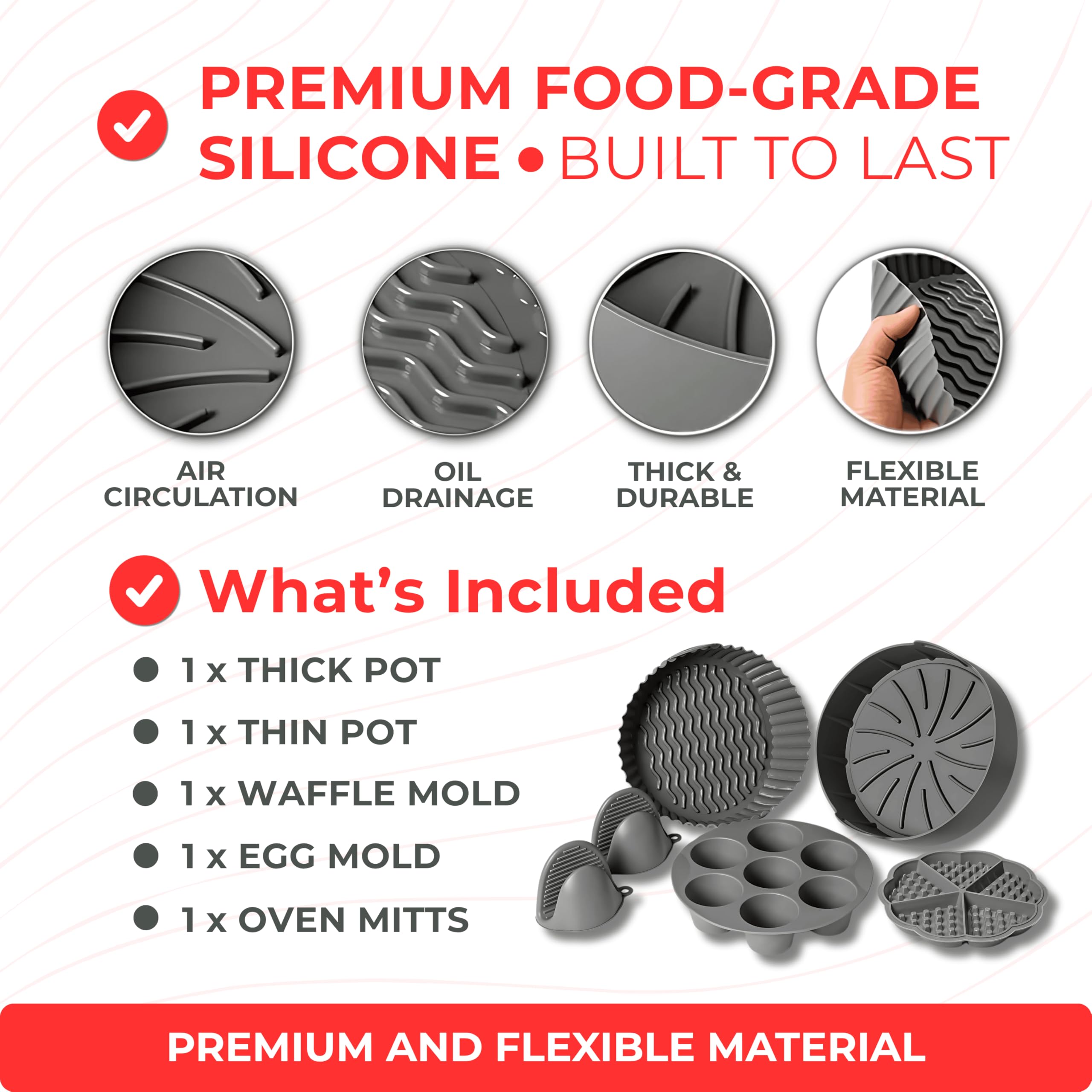 EM Silicone Air Fryer Liners Set of 5 – Reusable Air Fryer Liners Silicone with Egg Bite Mold, Oven Mitts – Fits 3–5 Qt Non-Stick, Food-Grade, Heat-Resistant