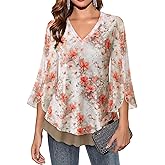 Timeson Women's 3/4 Sleeve Floral Blouses Shirts Double Layers V Neck Dressy Tunics Tops