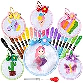Chuangdi 6 Sets Cross Stitch Kits for Beginner, Stamped Needlepoint Craft | with Instructions, DIY Key Chain, Backpack Charms, Embroidery Threads and Needles 3 x 3 Inches
