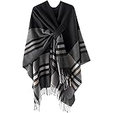 YnimioAOX Women's Poncho Shawl Wrap Soft Knit Cross Front Plaid Cape Cardigan with Tassels for Fall Winter