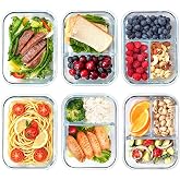 Glass Meal Prep Containers with Dividers, 1 &amp; 2 &amp; 3 Compartments 6 Pack | 6-Pack Divided Glass Food Storage Containers, Glass Bento Box, BPA-Free, Microwave/Dishwasher/Freezer Safe, Stackable
