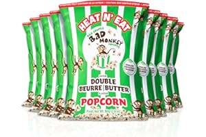Bad Monkey Heat N' Eat - 9 Pack Gourmet Popped Double Butter Popcorn Snacks in Eco-Friendly Compostable Popcorn Bags - Heat i
