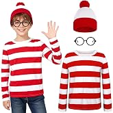 URATOT Kid's Halloween Costume Set Red and White Striped T-shirt Beanie Hat Nerd Glasses