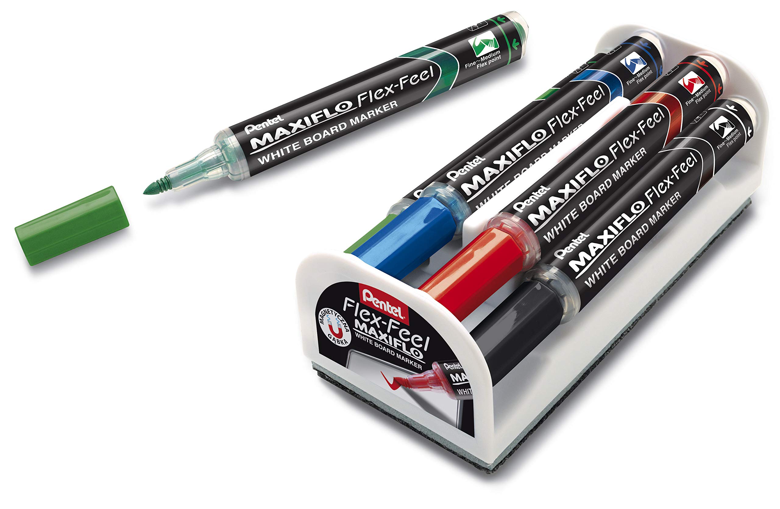 Pentel MWL5SBF-4N Maxiflo Flexfeel Whiteboard Marker with Flexible Tip Set of 4 with Magnet and Wiper