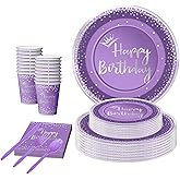 168 Pieces Purple Silver Birthday Plates and cups and Napkins Party Supplies Set,Disposable Spoons Knifes Forks Birthday Favors Set,Serves 24