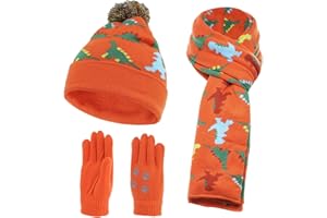 NATUST Kids Winter Hat Gloves Scarf 3 Piece Set Toddlers Dinosaur Pom Pom Beanie Children Knitted Warm Set