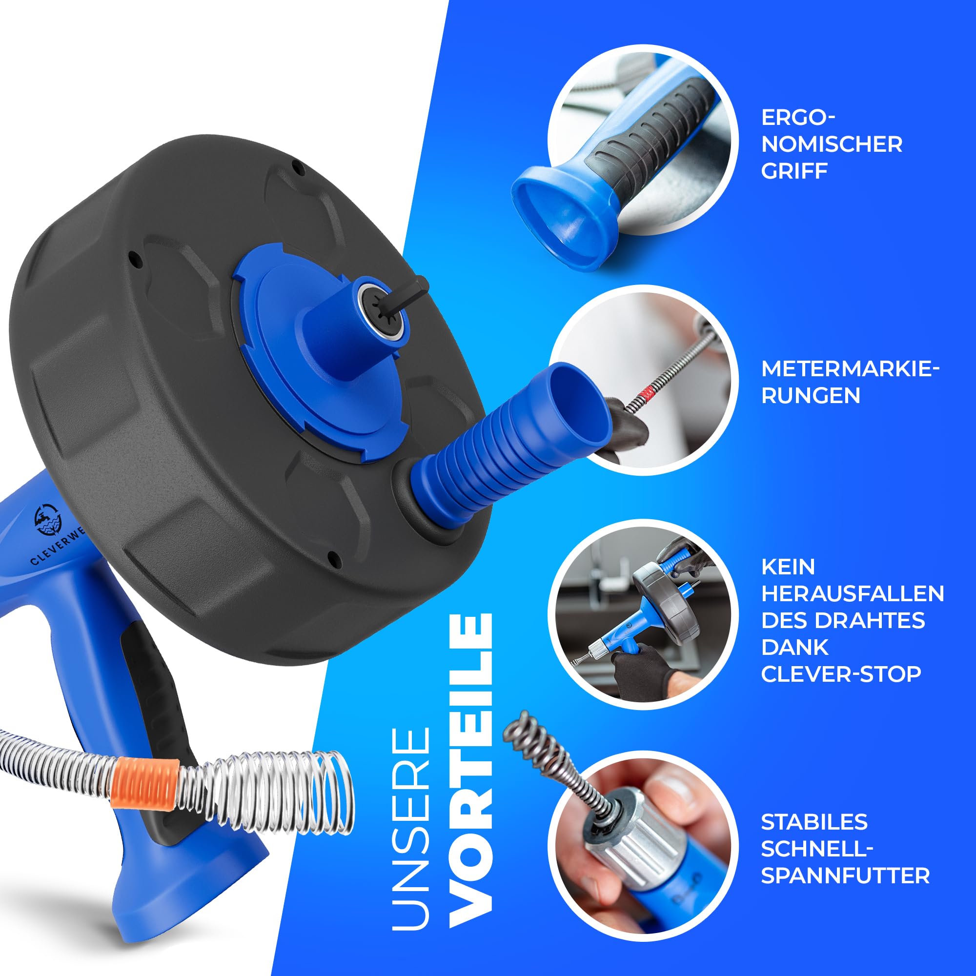 CLEVERWERK Rohrreinigungsspirale 7,5m[Spannfutter]Abflussreiniger Spirale 6