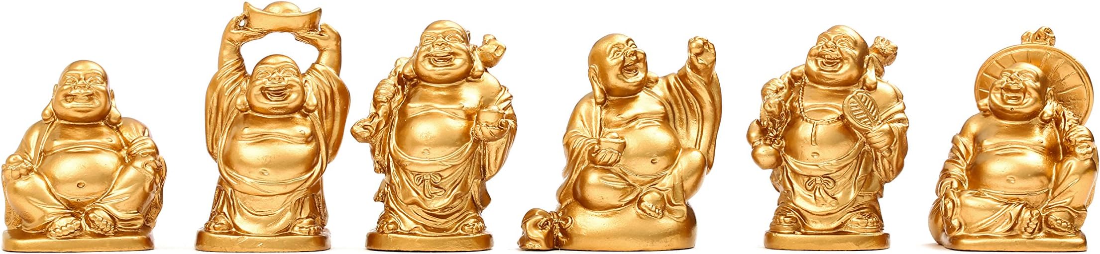 Feng Shui 2'' Golden Resin Laughing Buddha Statue Figurines Set of 6 (Samll Gold)