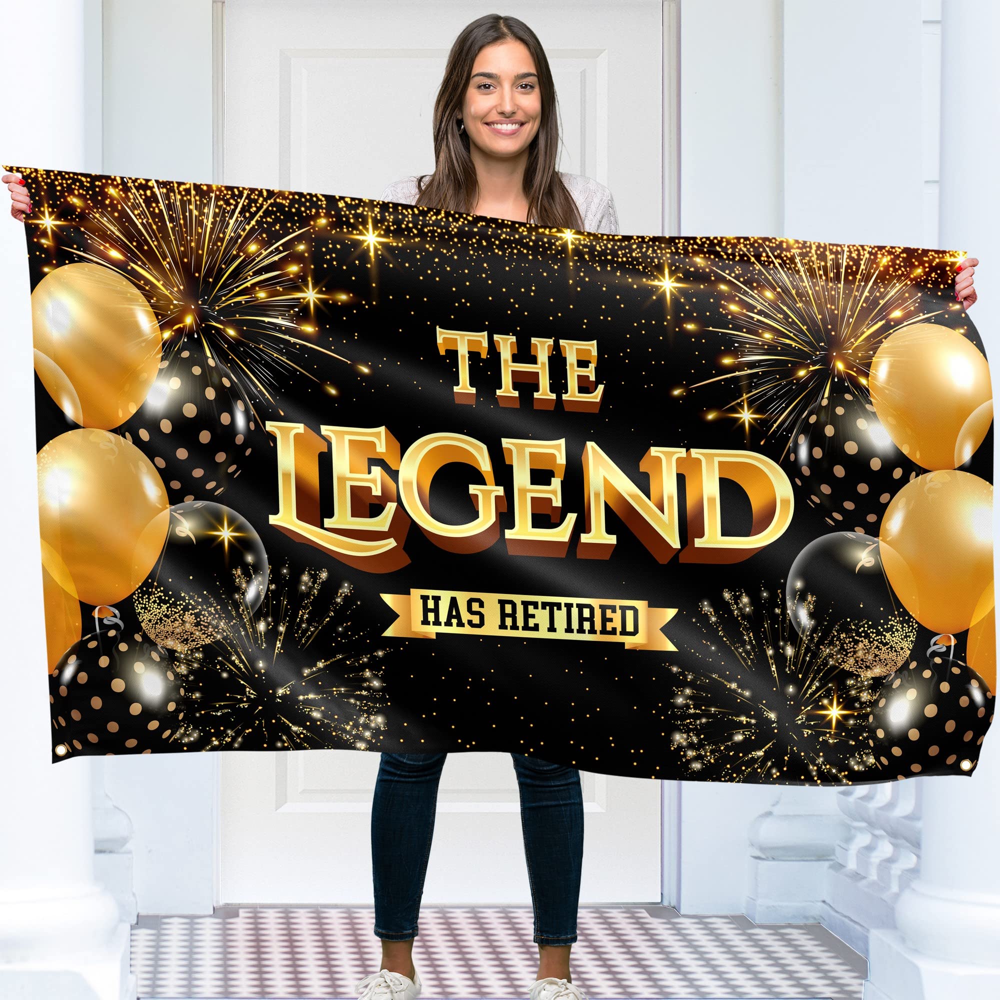 Happy Retirement Banner - Black & Gold Retirement Decorations 5ft x 3ft - The Legend has Retired Banner for Men and Women