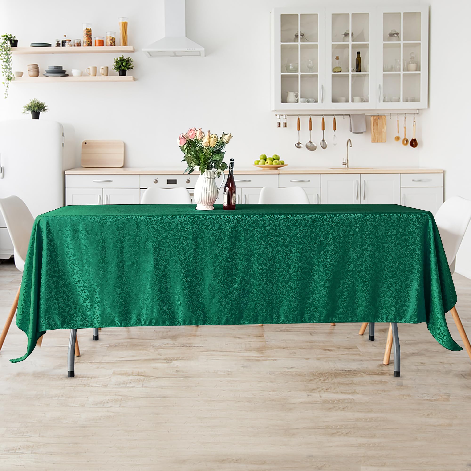 Trimming Shop 90" x 132" Rectangular Damask Table Cloth Scrolled Leaves Pattern, Green Rectangle Dinner Table Cover for Banquet, Christmas Party, Xmas, Home, Kitchen, Restaurant, Wedding, 1pc — image 1