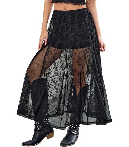 Verdusa Women's Plus Size Lace Skirt Y2k Mesh Sheer Flowy Maxi
