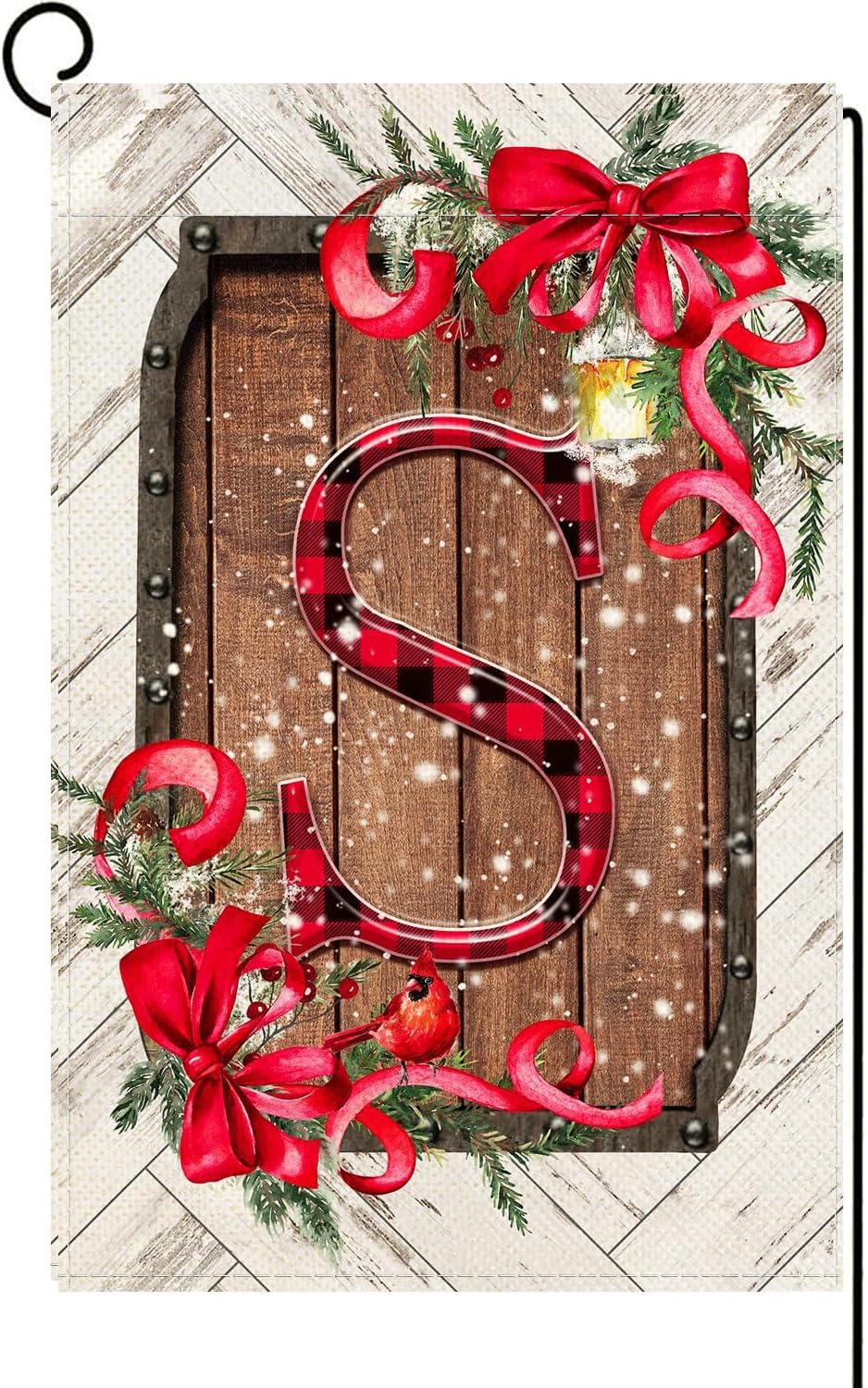 Flags - Baccessor Christmas Monogram Letter S Garden Flag 12.5 x 18 Inch Vertical Double Sided,Cardinal Bird Wood Door with Red Bow-knot Flag for Yard Winter Family Last Name Initial Outside Decoration