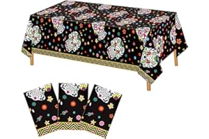 Lemicin 3 Pcs Day of The Dead Tablecloths Dia De Los Muertos Table Covers Sugar Skulls Disposable Plastic Waterproof Rectangular Tablecloths for Mexican Fiesta Halloween Party Decorations 54x108 Inch