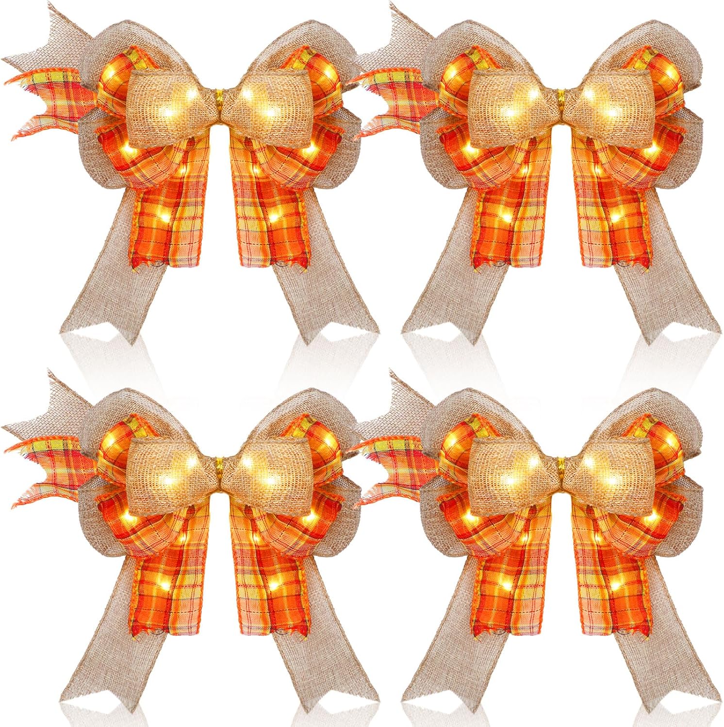 Bows & Ribbons - Tigeen 4 Pcs LED Fall Bows for Wreaths Orange Buffalo Plaid Burlap Bow with LED Lights Thanksgiving Bows for Tree Topper Farmhouse Home Indoor Outdoor Decor, 9.5 x 13 Inch