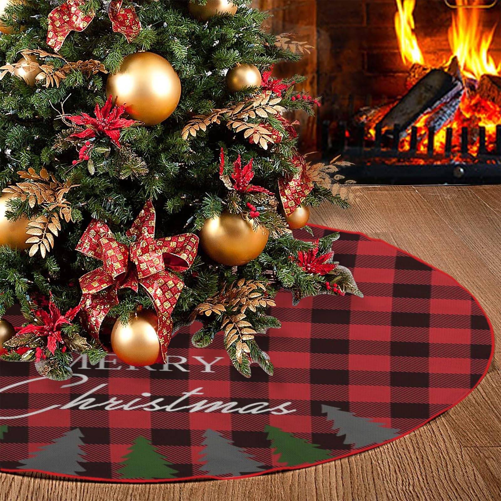 Buffalo Plaid Christmas Tree Skirt - 36 Inches(90cm), Red and Black, Thick, Indoor/Outdoor