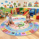 GRAMBET ABC Kids Rug for Playroom, 4ft Round Alphabet Small Classroom Rug | Non-Slip Washable Kids Play Rug, Educational Area Rug for Bedroom to Learn Numbers Shapes Seasons