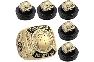 Remuuly 6 Pcs Basketball Championship Rings Basketball Champion Trophy Rings Award Gift Prize with Display Neck Chain and Stand for Tournament or Champion Winner