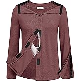 Deyeek Mastectomy Shirts with Drain Pockets Tear Away Side Snap Post Shoulder Surgery Shirts Women Chemo Port Dialysis Shirt