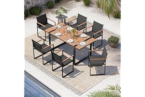 Oasbira Outdoor Dining Set, Patio Table and Chairs Set, 7 Piece HDPS + Aluminum Patio Furniture Set with Umbrella Hole, Patio Dining Table Set (Gray-Teak)