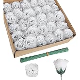 Rzoukler Fake Roses,30PCS White Glitter Flowers Bouquet Artificial Roses with Stems for Wedding Party Christmas Home Decor(White with Silver Glitter)