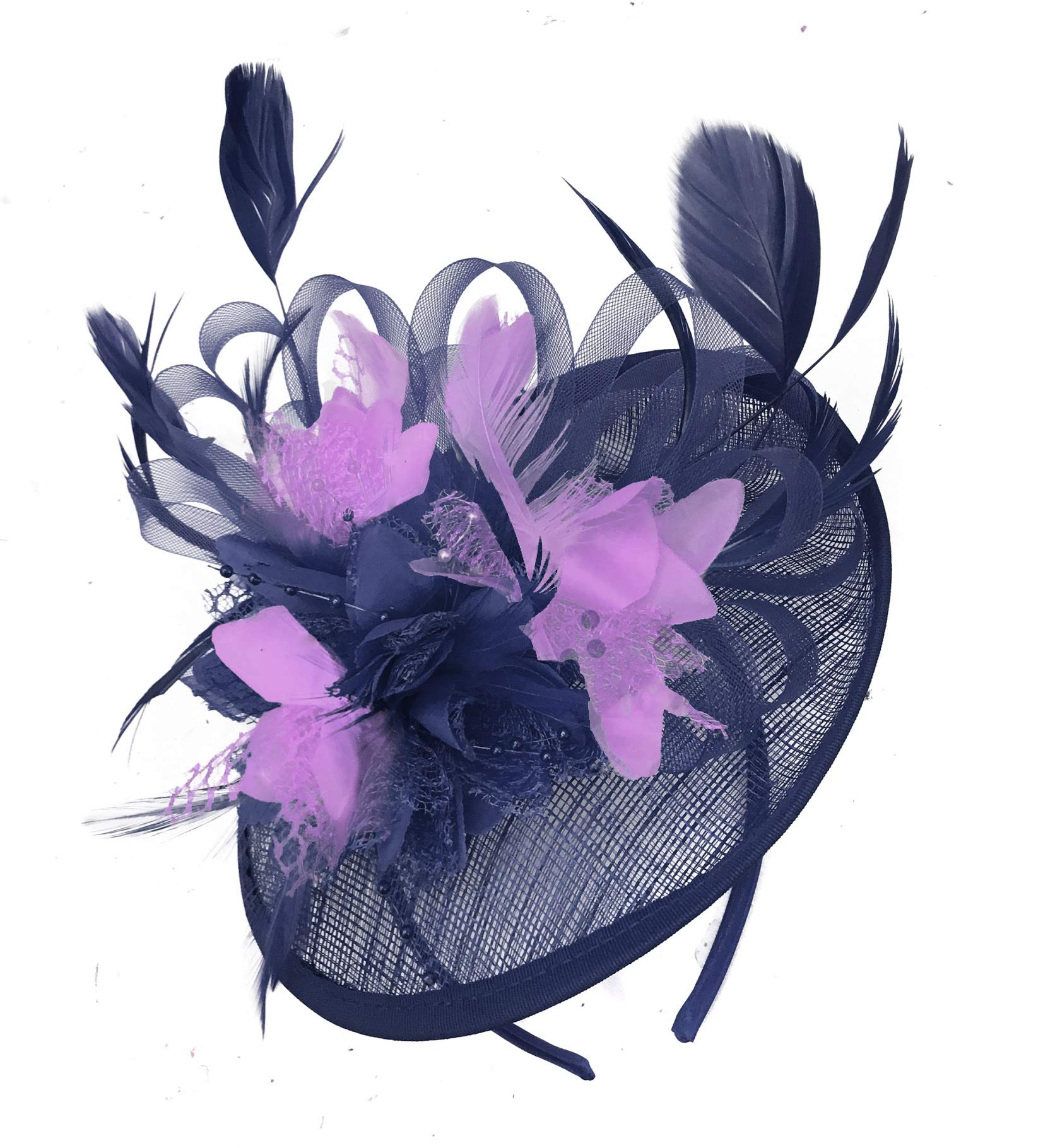 Caprilite Navy Blue and Lilac Sinamay Disc Saucer Fascinator Hat for Women Weddings Headband
