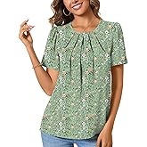 ALIGADUO Womens Summer Basic Chiffon Blouse Pleated Crewneck Shirts Casual Trendy Tops