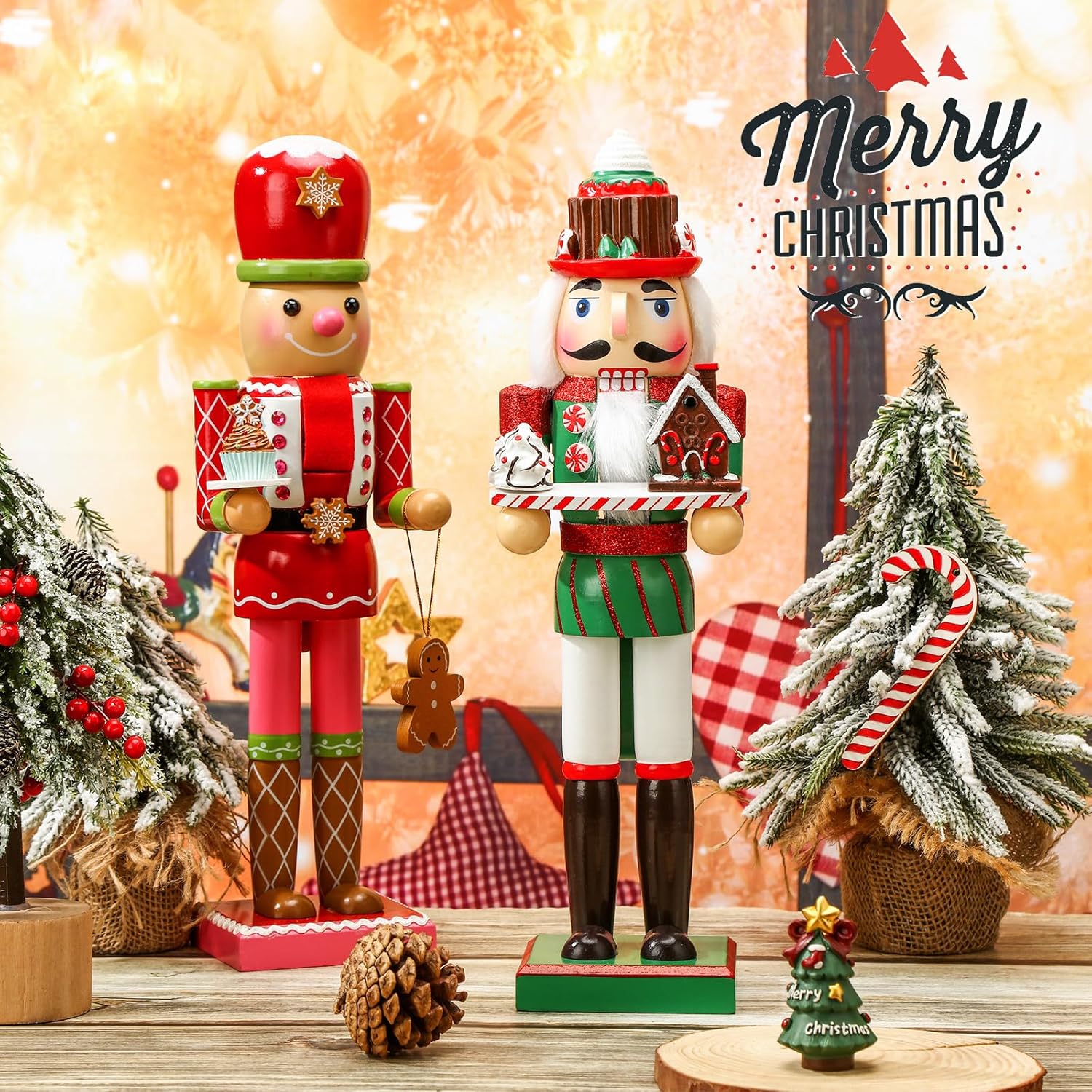 Nutcrackers - Soaoo 2 Pcs Christmas Nutcracker Ornament 14'' Wooden Nutcracker Figures Traditional Nutcrackers Soldier Christmas Decor with Gingerbread Man for Desktop Table Collectible Decoration(Cute)
