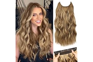 MORICA Invisible Wire Hair Extensions - 20 Inch Brown Mixed Blonde Long Wavy Synthetic Hairpiece with Transparent Wire Adjustable Size, 4 Secure Clips for Women
