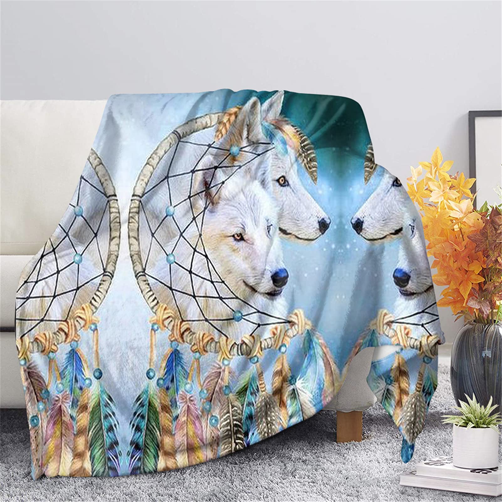 Biyejit White Wolves Dream Catcher Print Kids Super Soft Blanket Children Teen Girls Boys Fleece Flannel Throw Cover Air-Conditioning Quilts