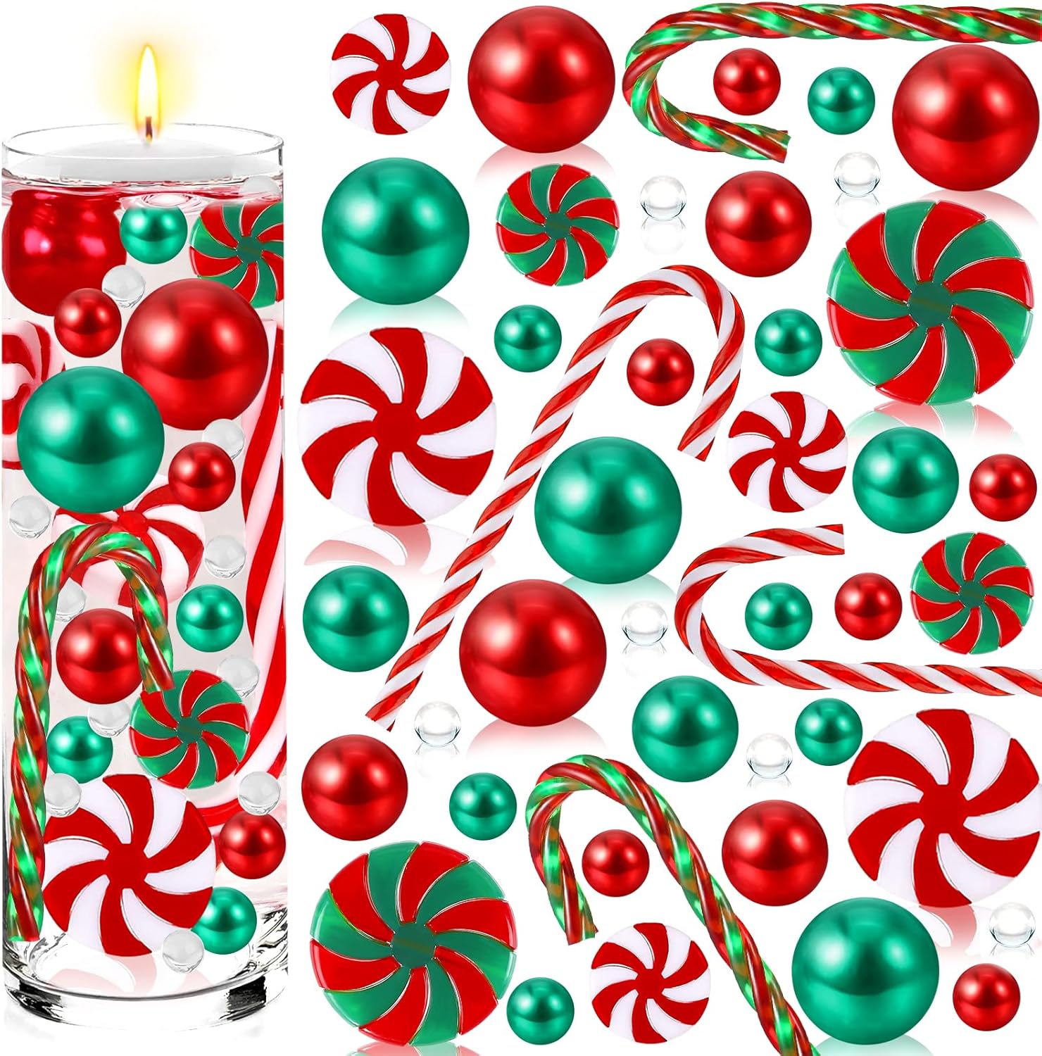 Vase Fillers - XIMISHOP 7106pcs Christmas Vase Filler,Green Red Candy Cane Vase Filler Floating Pearls Candles Clear Water Beads Pearl Beads for Christmas Holiday Home Decoration