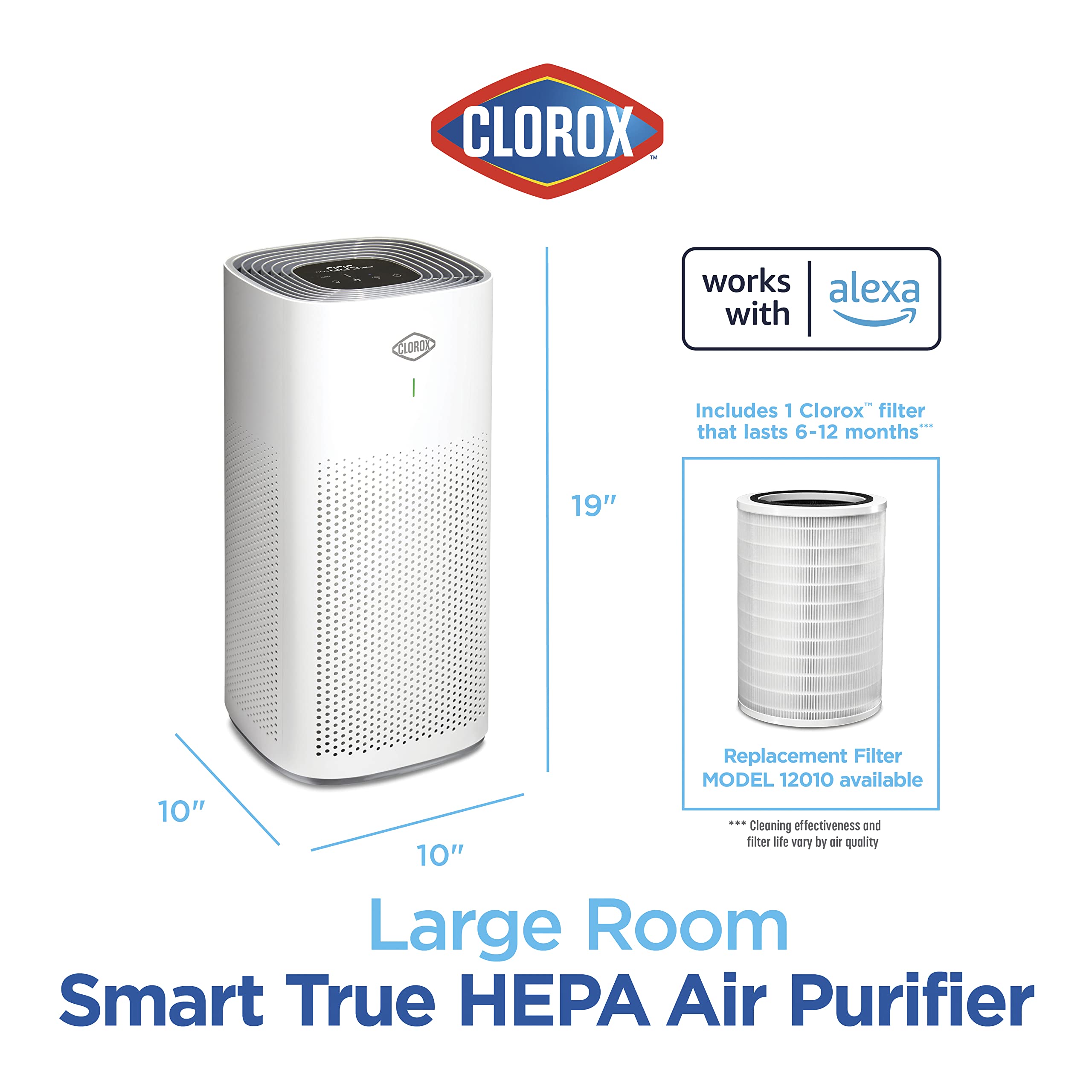 Clorox Smart Air Purifiers for Home, True HEPA Filter, Works with Alexa, Large Rooms up to 1,500 Sq Ft, Removes 99.9% of Viruses, Wildfire Smoke, Allergies, Dust, AUTO Mode, Whisper Quiet, White