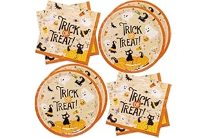 ZVK Trick or Treat Paper Plates and Napkins Set 60 Pieces Happy Halloween Party Dinner Plates Paper Napkins Disposable Dinnerware for Halloween Children's Party Table Decorations