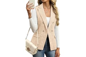 ELLEVEN Women’s Tweed Long Vest, Sleeveless Double-Breasted Blazer Trendy Tops Coat with Pockets