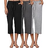 Ekouaer 3 Pack Women Capri Pajama Pants 2026 Ruffle hem Lounge Pants Drawstring Pj Bottoms with Pockets